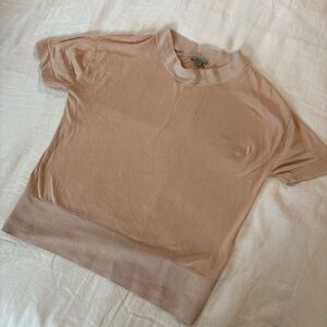COS 100% Cotton Contrast Mock Neck Knit Short Sleeve Top Nude Blush Sz M FLAW